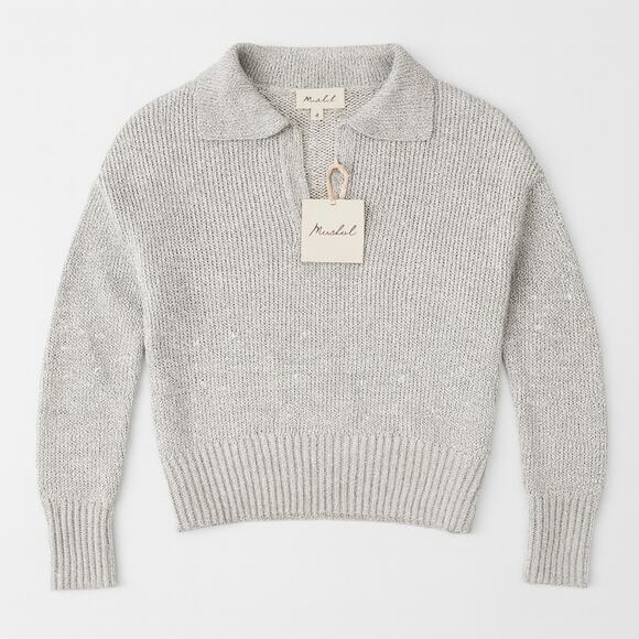 Marled Womens Light Gray Metallic Sweater Size L Shimmery Knit Collared Pullover - Picture 2 of 12